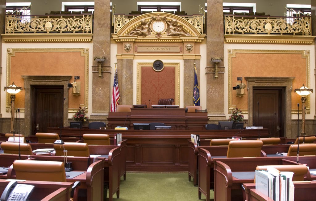 an empty courthouse before a mock trial 