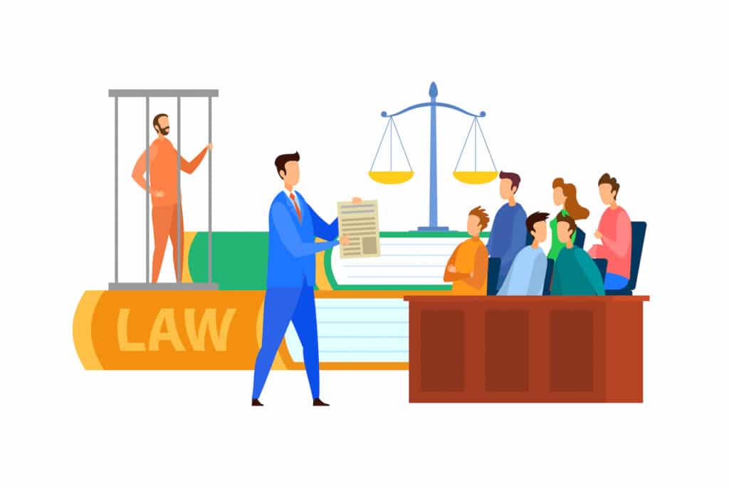 Jury Trial Process Cartoon Vector Illustration. People in Court Making Decision. Criminal Defense Lawyer Protecting Charged Customer. Plaintiff, Public Prosecutor, Barrister, Criminal in Cage