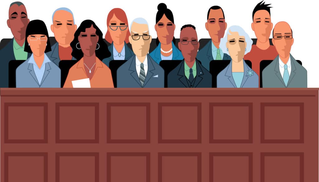 12 jurors sit in a jury box at a court trial, EPS 8 vector illustration