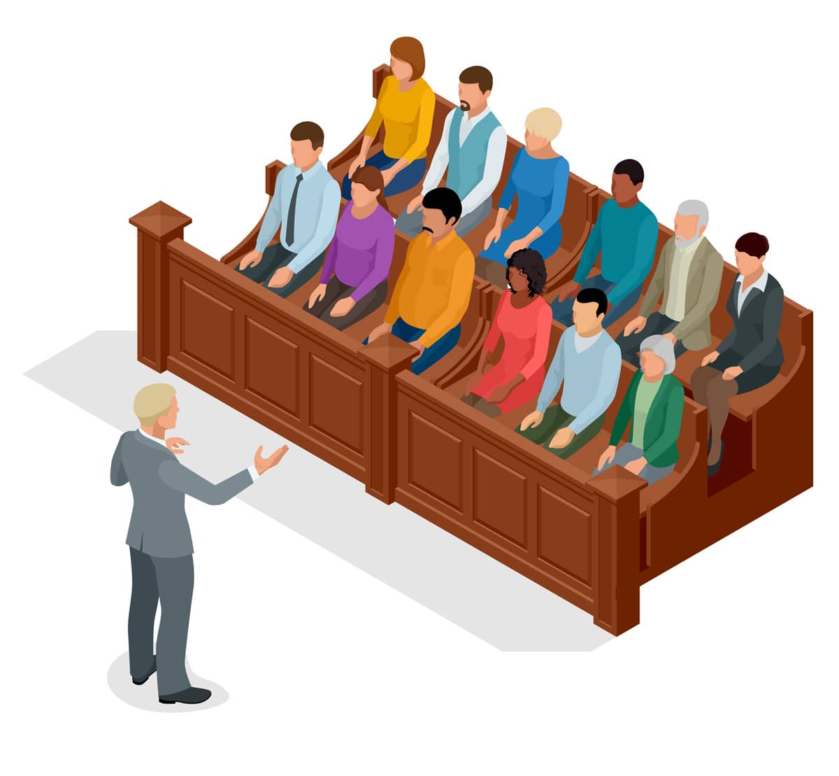 An illustration of a jury consultant speaking with a seated group of jurors in El Paso.