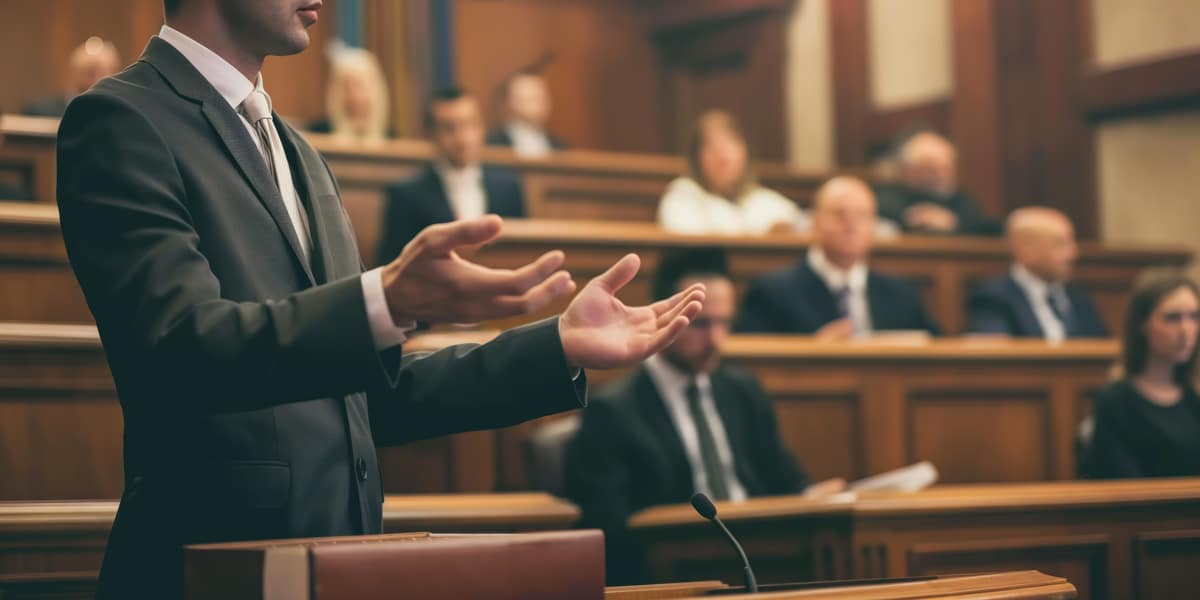 A person presenting in front of a courtroom of people during trial preparation in El Paso.