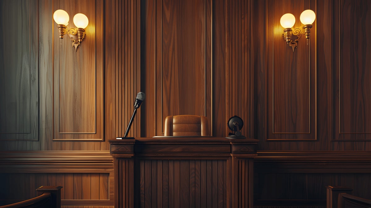 The judge’s seat in a courthouse in El Paso with a microphone and chair.