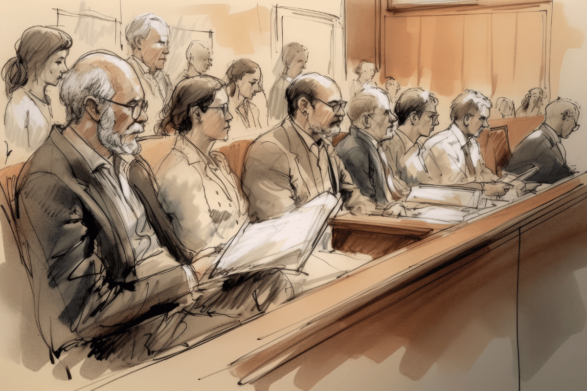 Sketch of a jury sitting in court